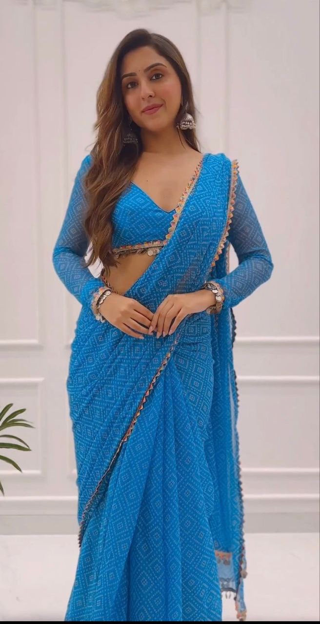 Sky Glow Ready-to-Wear Bandhani Saree