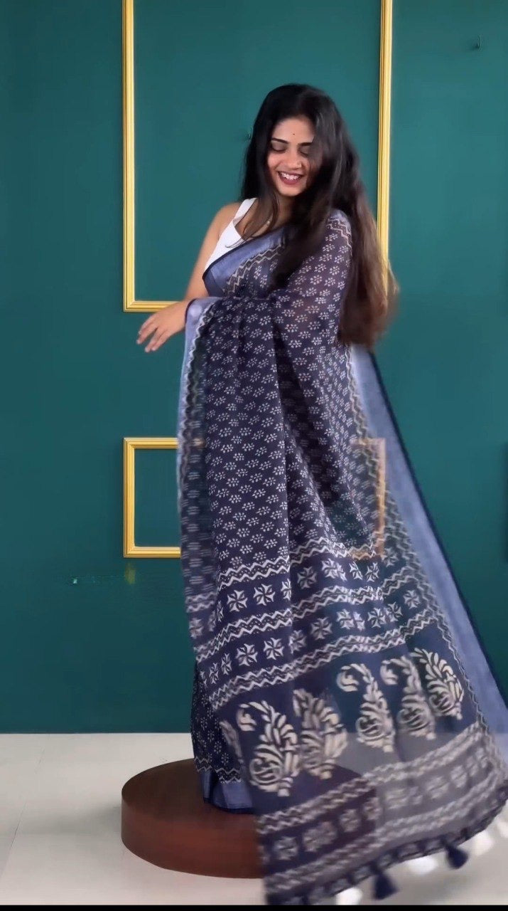 Indigo Blue Hand-Block Print Ready-to-Wear Saree | Pre-Pleated Mulmul Cotton Saree