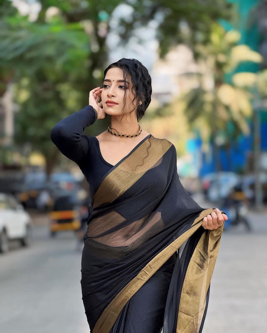 Black Chiffon Saree with Copper Zari Border | Ready to wear Saree