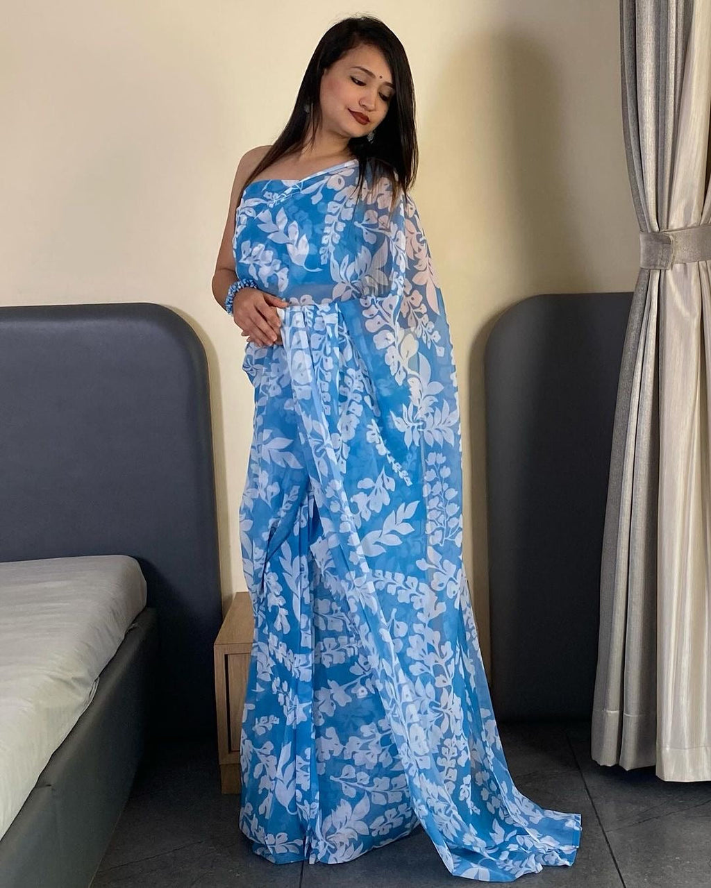 Sky Blue Floral Printed Georgette Ready-to-Wear Saree