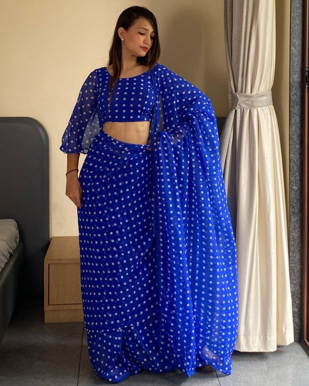 Blue Georgette Ready To Wear Pre Pleated Saree