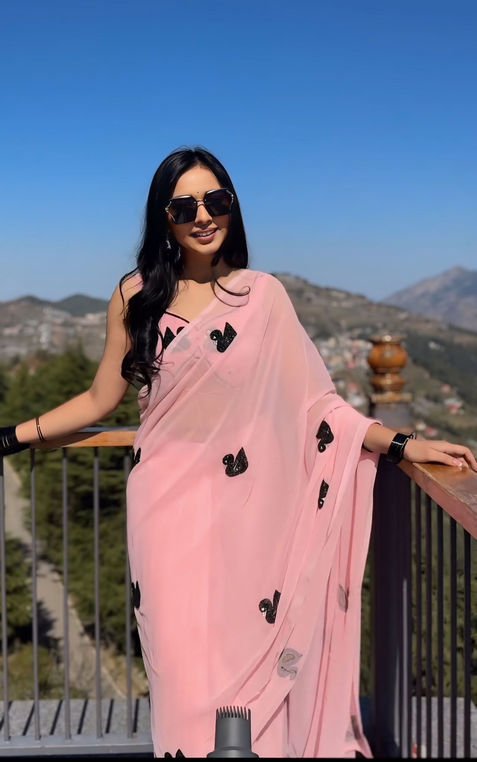 Pink Ready-to-Wear Georgette Saree with Black Swan Embroidery | Pre-Pleated Saree