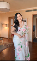 White Organza Saree with Pink Floral Art Tanya Mittal