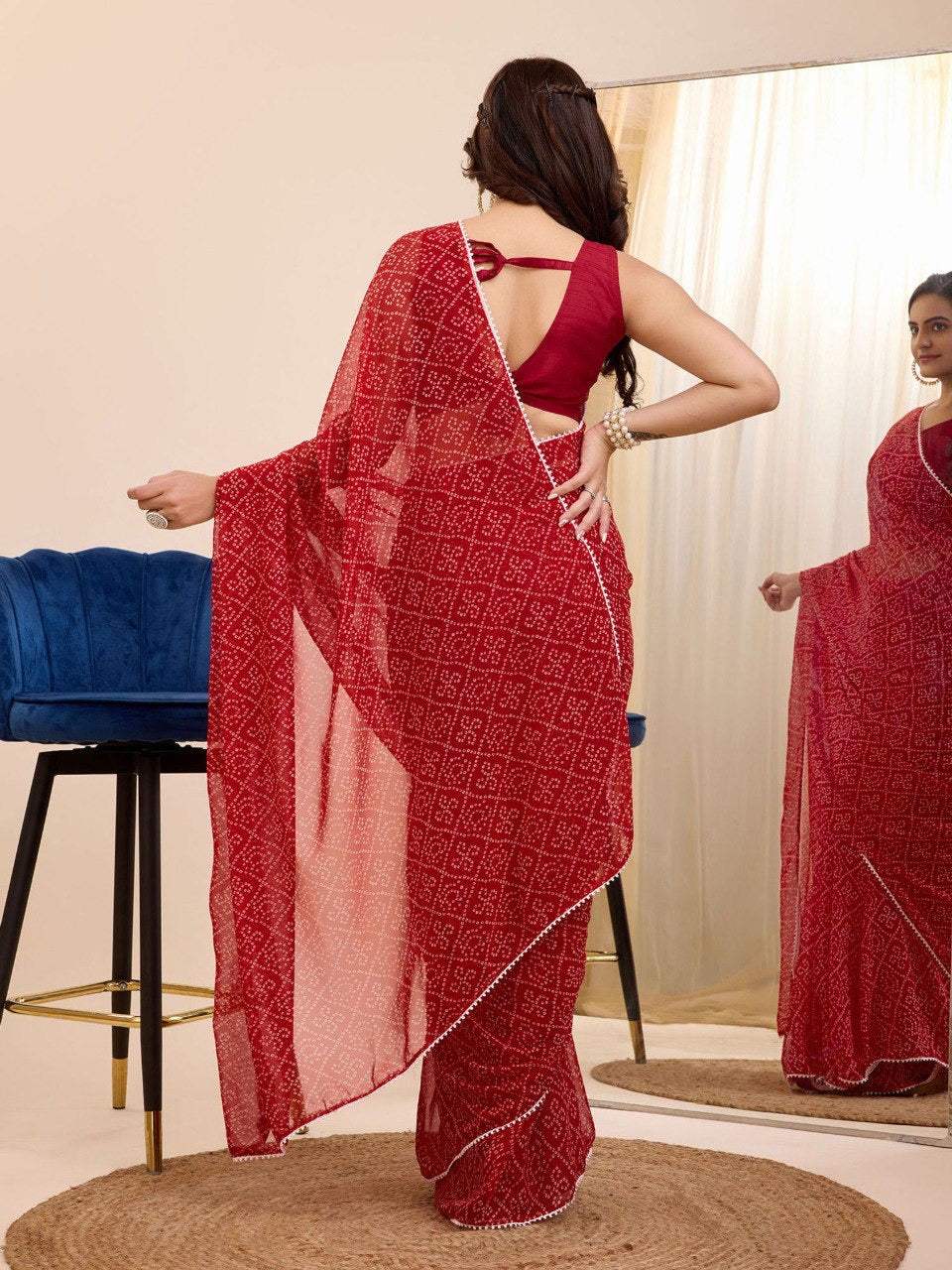 Elegant Red Bandhani Print Pre-Pleated Ready-to-Wear Saree