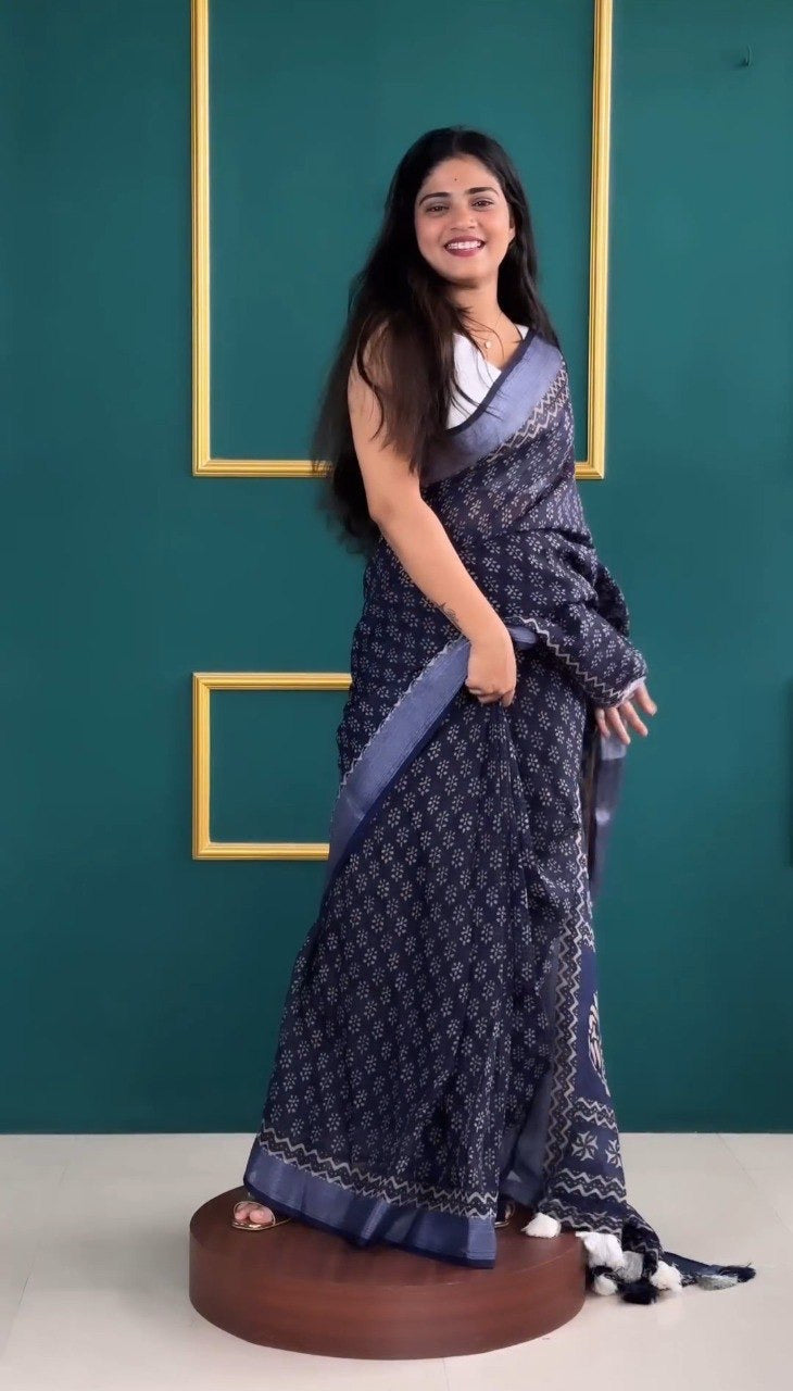 Indigo Blue Hand-Block Print Ready-to-Wear Saree | Pre-Pleated Mulmul Cotton Saree