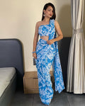 Sky Blue Floral Printed Georgette Ready-to-Wear Saree