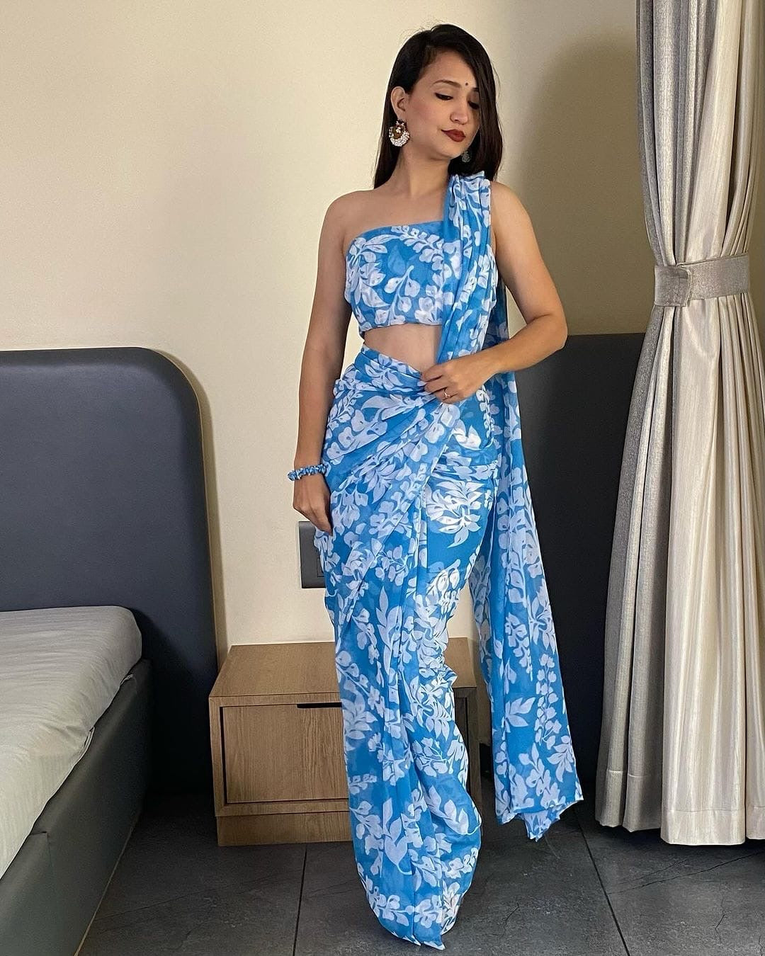 Sky Blue Floral Printed Georgette Ready-to-Wear Saree
