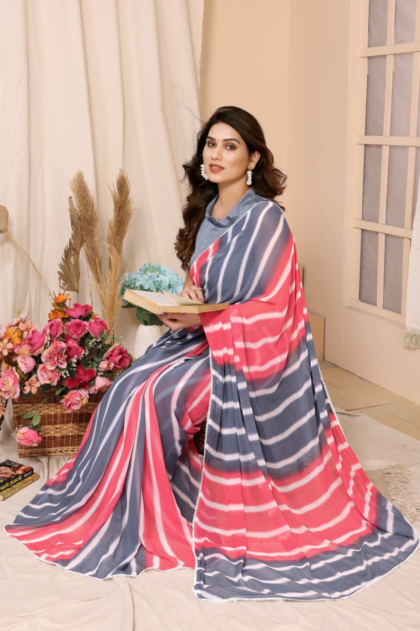 Pink & Grey Leheriya Georgette Ready-to-Wear Saree