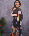 Black Georgette Ready-to-Wear Saree with Multi-Color Leaf Print | Pre-Pleated Saree