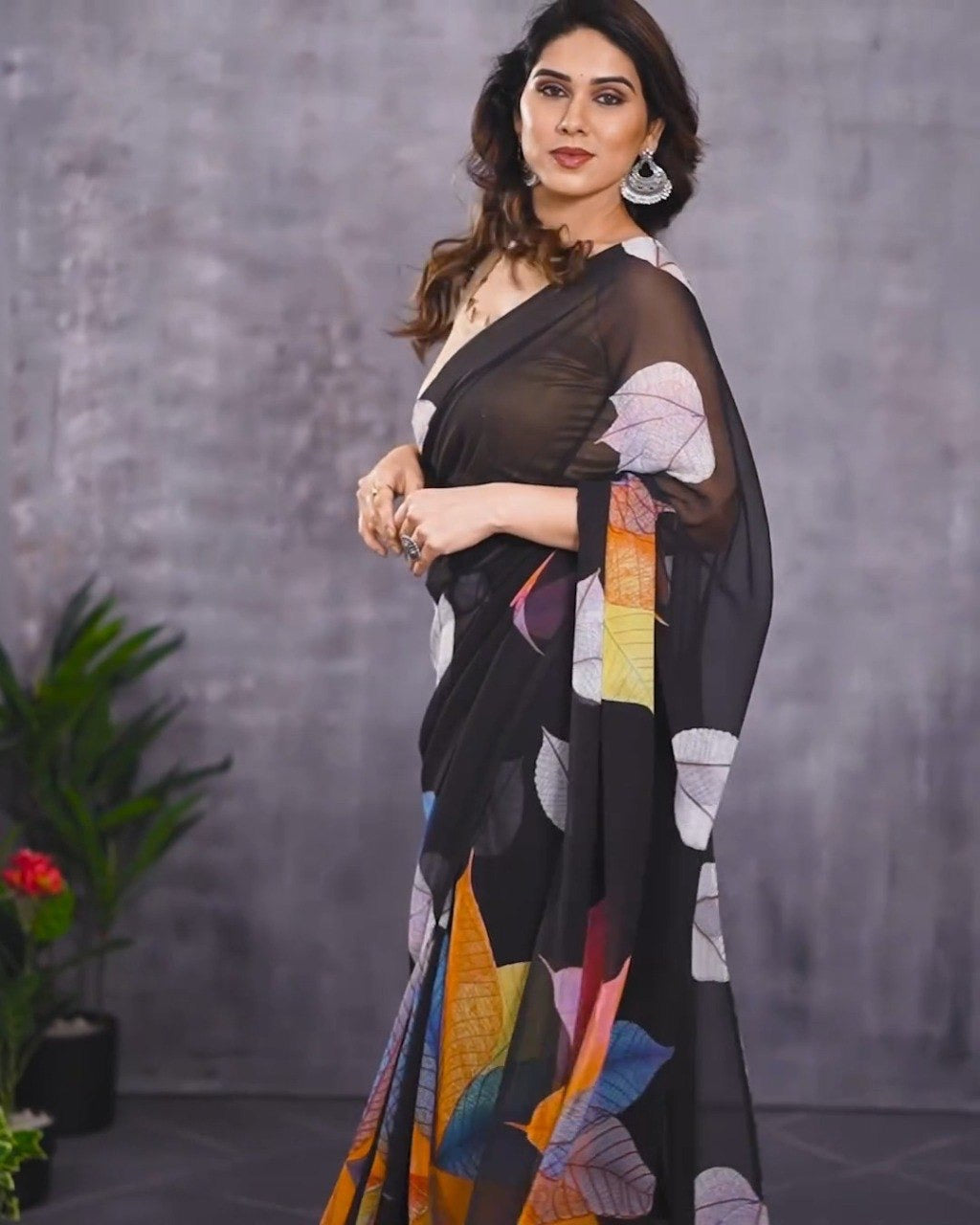 Black Georgette Ready-to-Wear Saree with Multi-Color Leaf Print | Pre-Pleated Saree