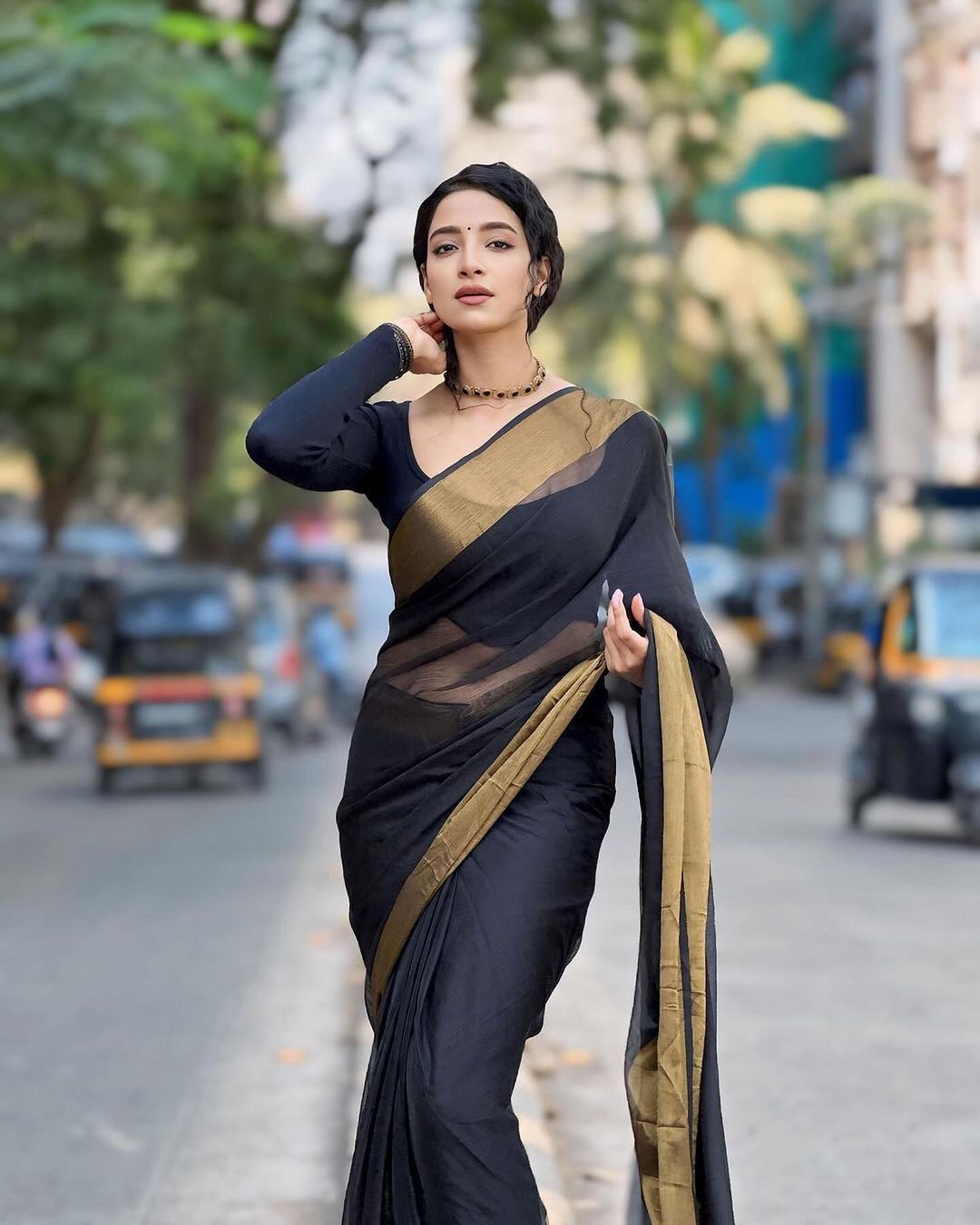 Black Chiffon Saree with Copper Zari Border | Ready to wear Saree
