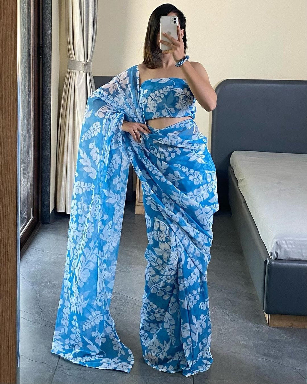 Sky Blue Floral Printed Georgette Ready-to-Wear Saree