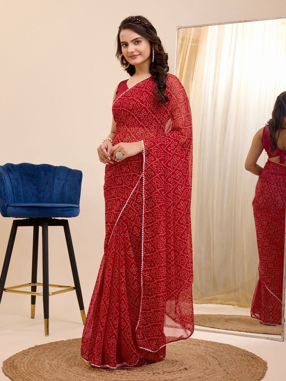 Elegant Red Bandhani Print Pre-Pleated Ready-to-Wear Saree