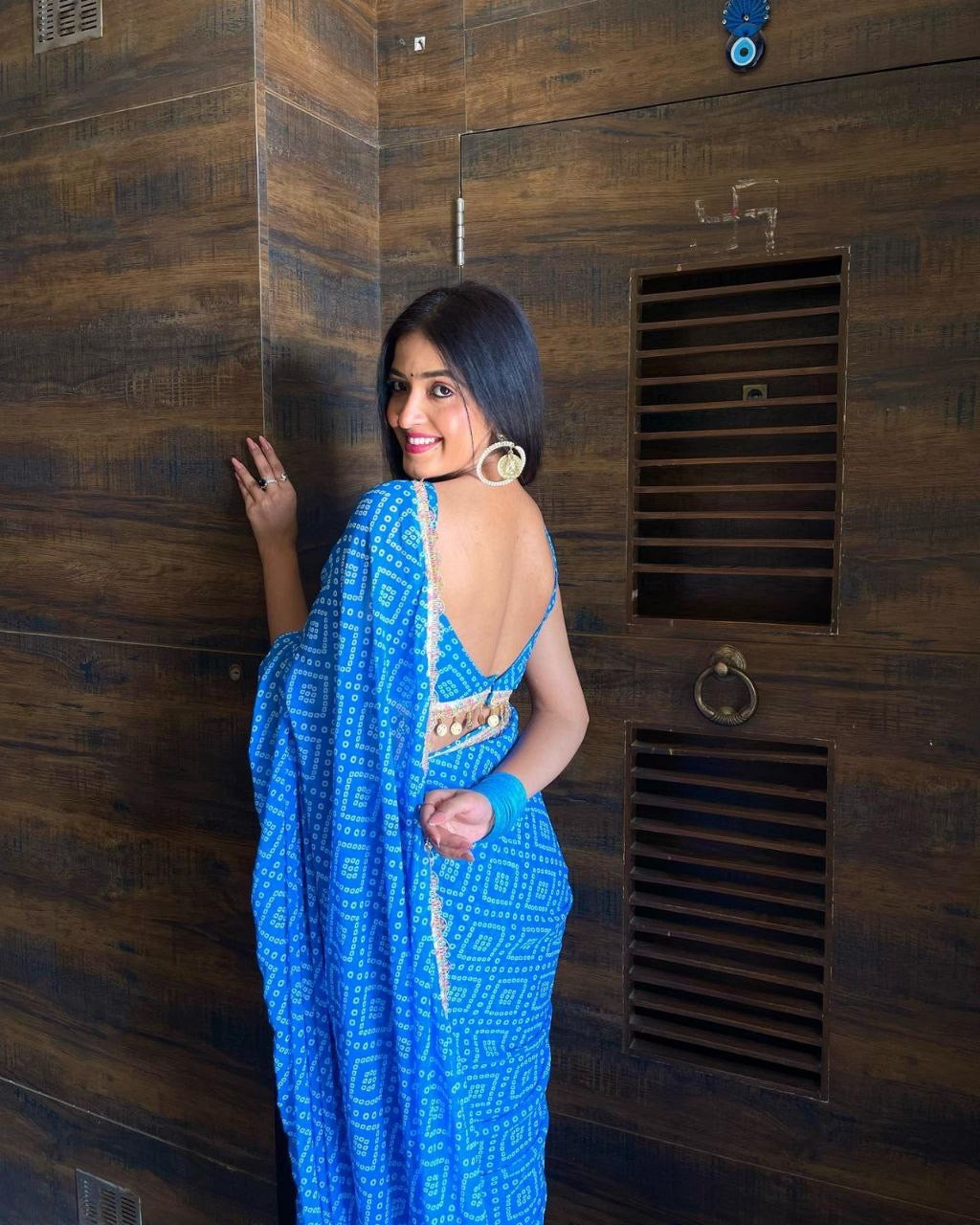 Sky Glow Ready-to-Wear Bandhani Saree
