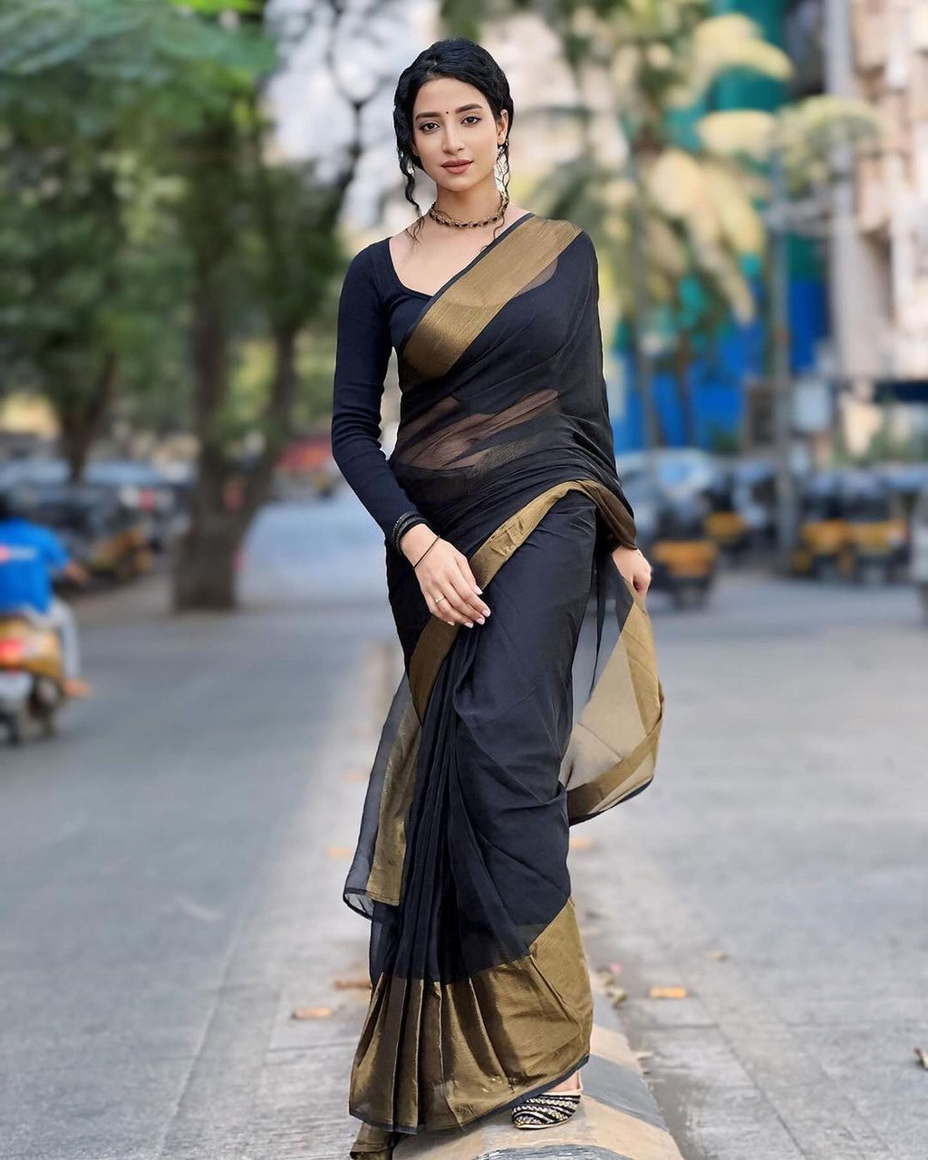 Black Chiffon Saree with Copper Zari Border | Ready to wear Saree