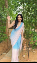 Sky Blue & Blush Pink Ombre Ready-to-Wear Saree | Pre-Pleated Chiffon Saree