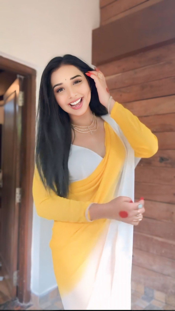The 1-Minute Drape: Ombré Yellow & Pearl White Pre-Pleated Saree