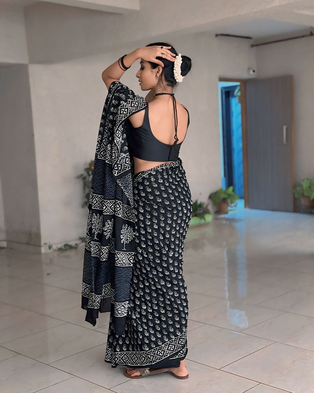 Black & White Hand-Block Print Ready-to-Wear Saree | Pre-Pleated Cotton Saree