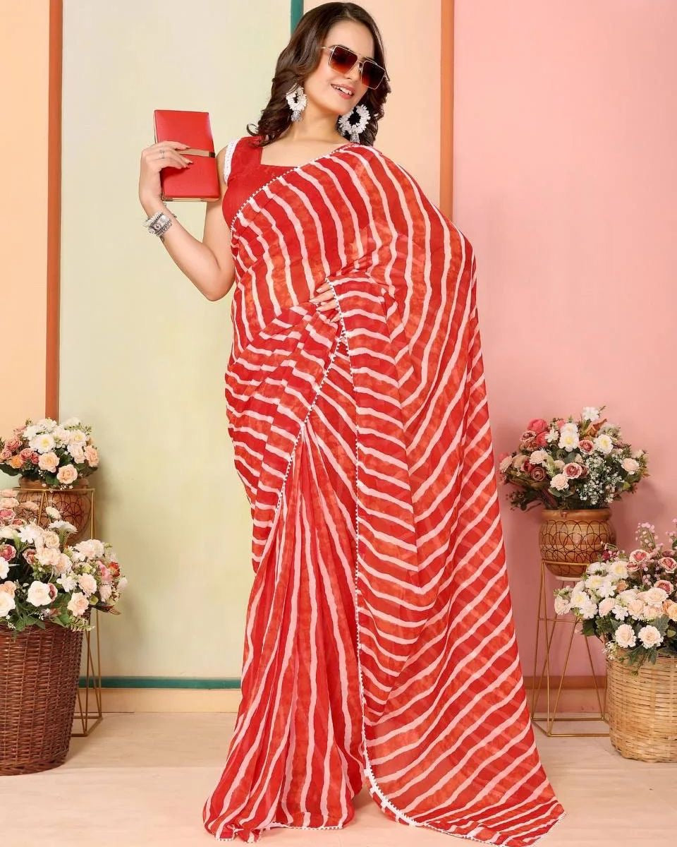 Red Lehariya Print Ready to Wear Pre Pleated Saree