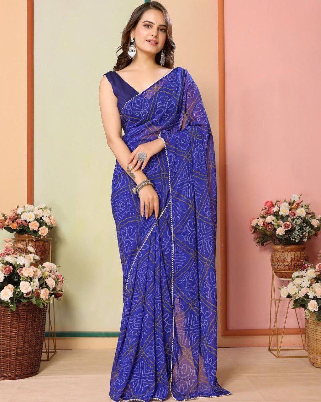 Royal Blue Bandhani Georgette Pre-Pleated Ready-to-Wear Saree