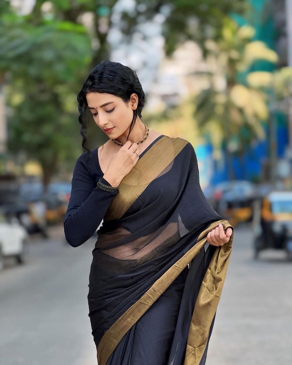 Black Chiffon Saree with Copper Zari Border | Ready to wear Saree