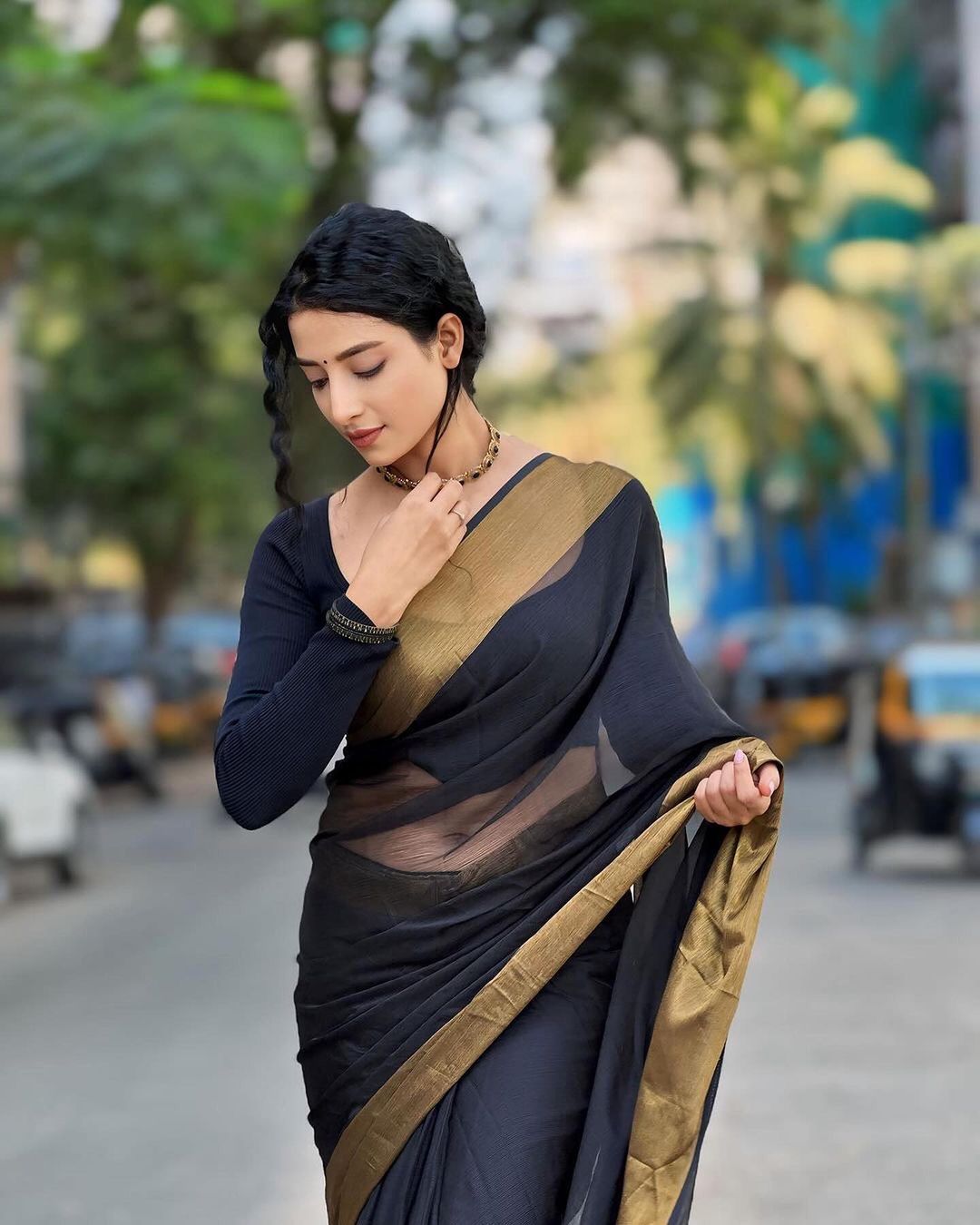 Black Chiffon Saree with Copper Zari Border | Ready to wear Saree