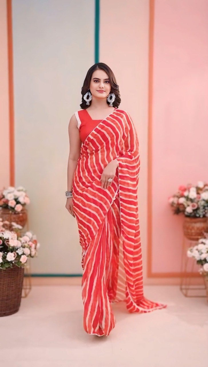 Red Lehariya Print Ready to Wear Pre Pleated Saree