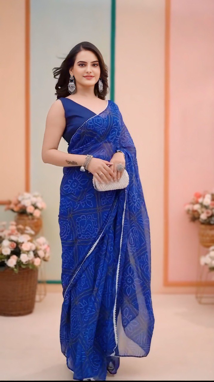 Royal Blue Bandhani Georgette Pre-Pleated Ready-to-Wear Saree
