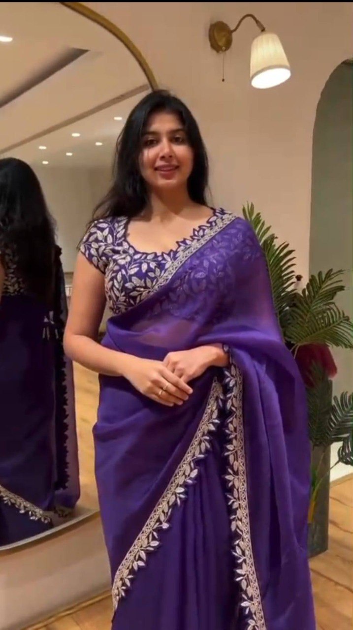 Royal Purple Embroidered Ready-to-Wear Saree with Blouse