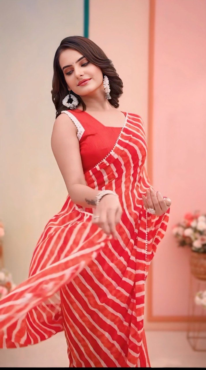 Red Lehariya Print Ready to Wear Pre Pleated Saree