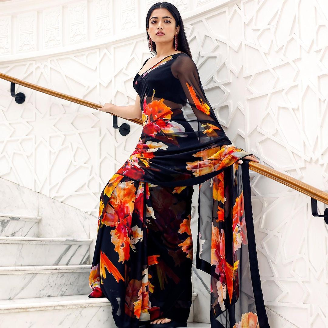 Black Floral Print Ready-to-Wear Organza Saree | Pre-Pleated Saree