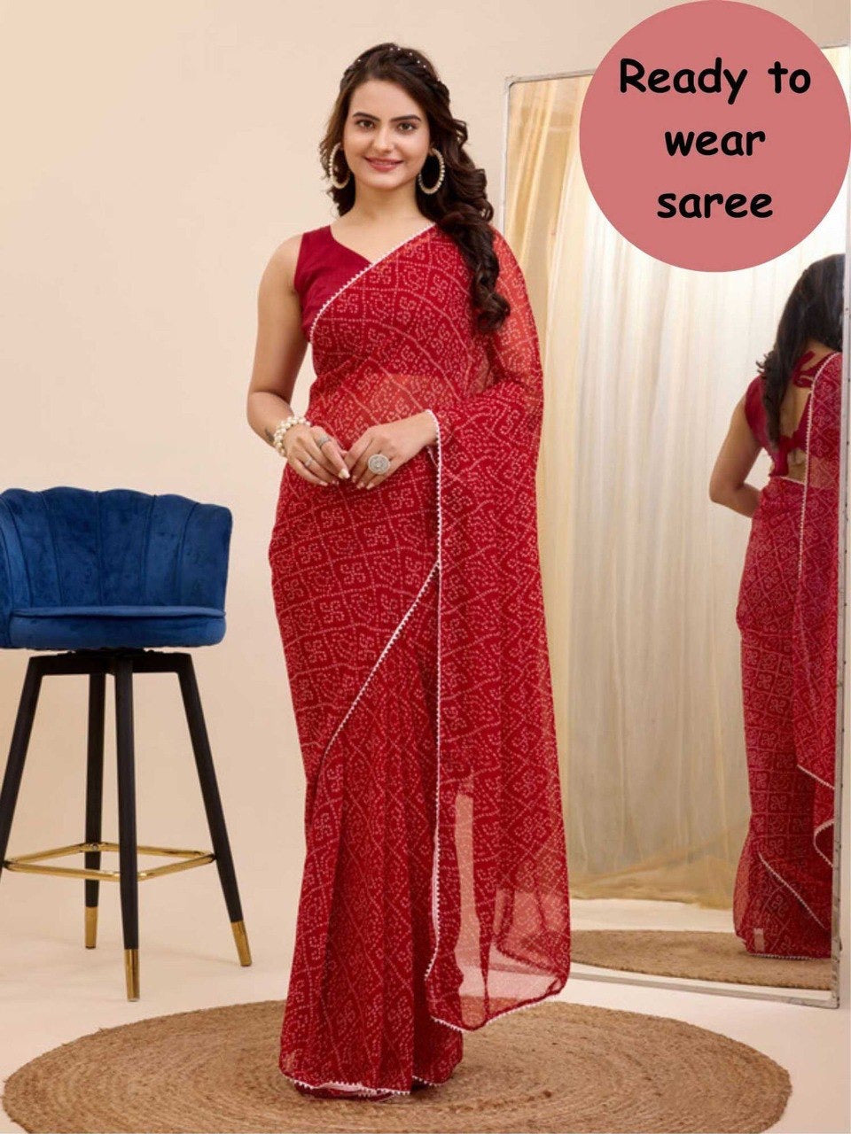 Elegant Red Bandhani Print Pre-Pleated Ready-to-Wear Saree