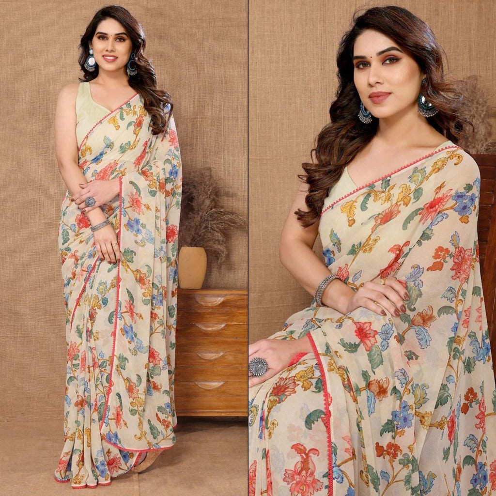 The Heritage Bloom Saree: Vintage Floral Pre-Stitched Georgette in Cream