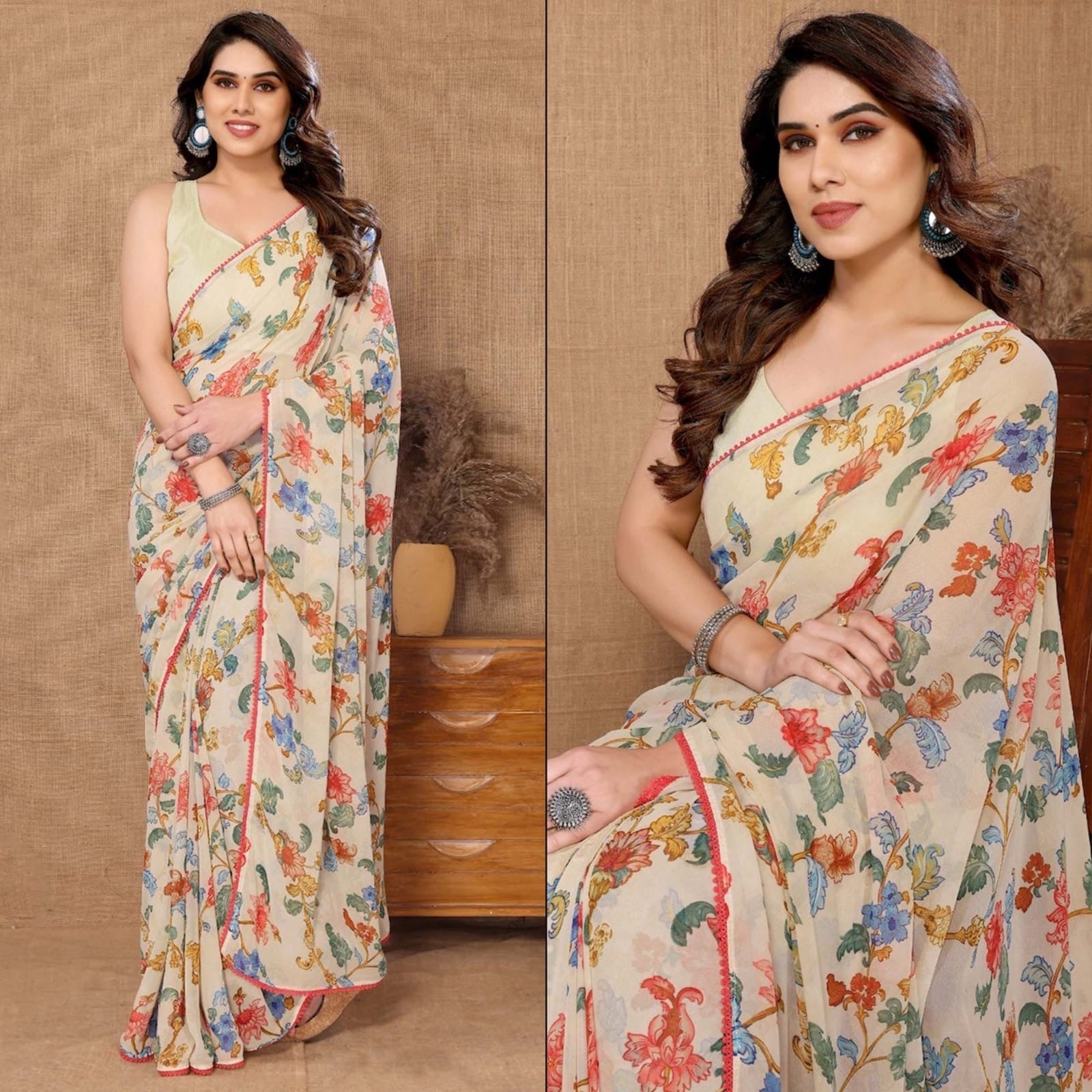 The Heritage Bloom Saree: Vintage Floral Pre-Stitched Georgette in Cream