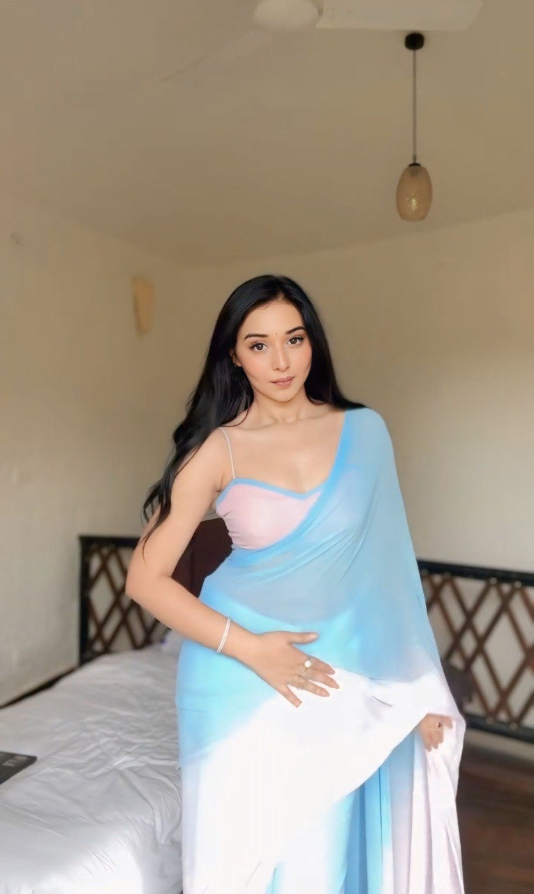 Sky Blue & Blush Pink Ombre Ready-to-Wear Saree | Pre-Pleated Chiffon Saree