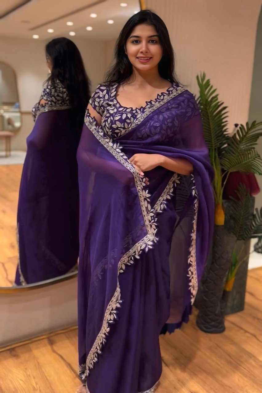 Royal Purple Embroidered Ready-to-Wear Saree with Blouse