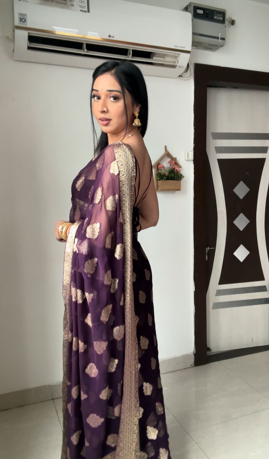 Deep Plum Georgette Banarasi Saree | Pre-Pleated Ready-to-Wear Saree with Zari Motifs