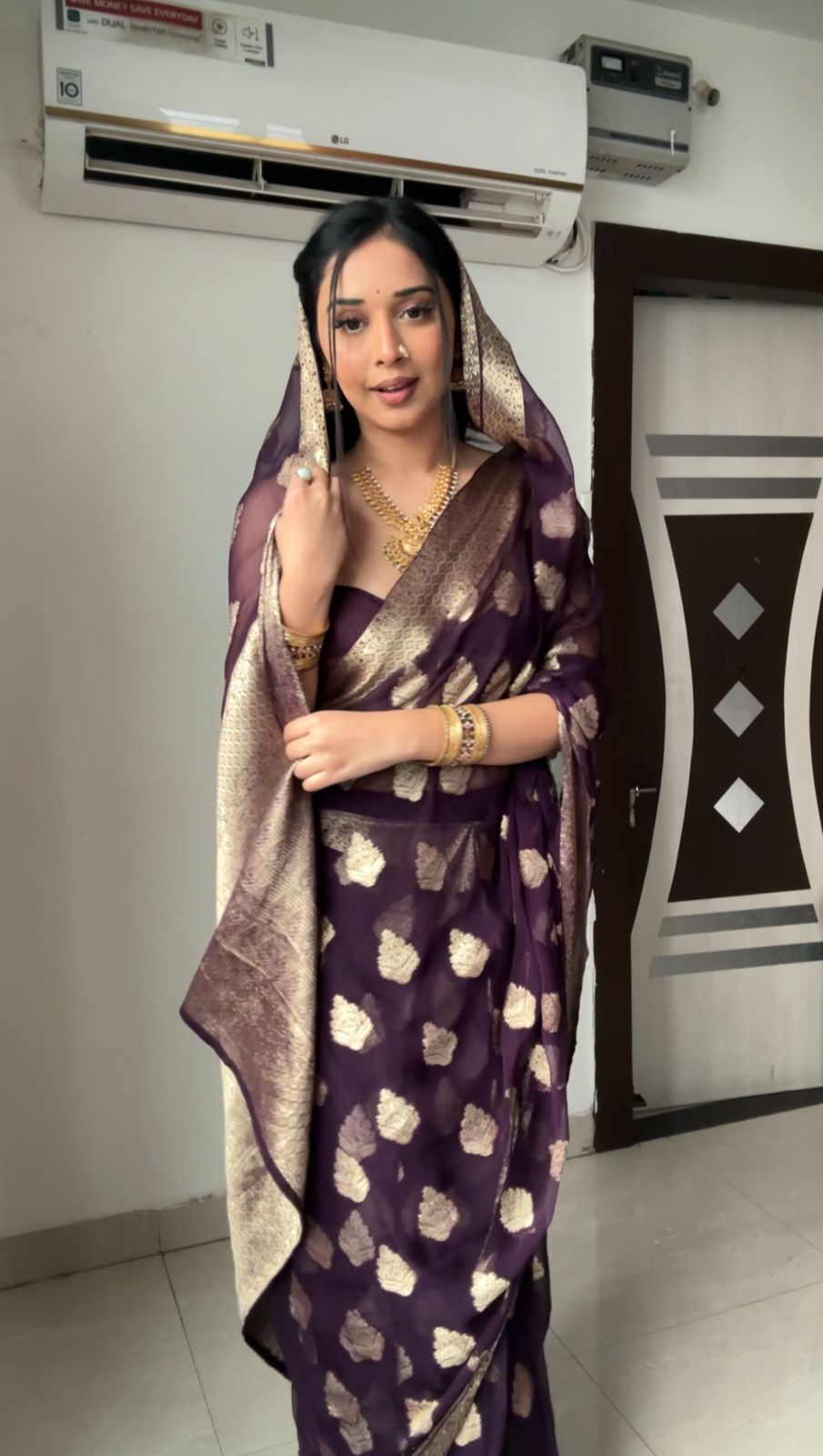 Deep Plum Georgette Banarasi Saree | Pre-Pleated Ready-to-Wear Saree with Zari Motifs