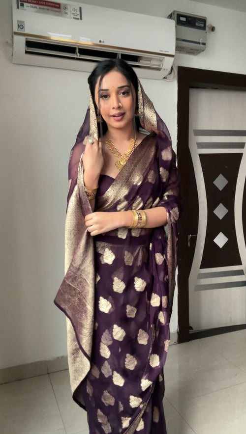 Deep Plum Georgette Banarasi Saree | Pre-Pleated Ready-to-Wear Saree with Zari Motifs
