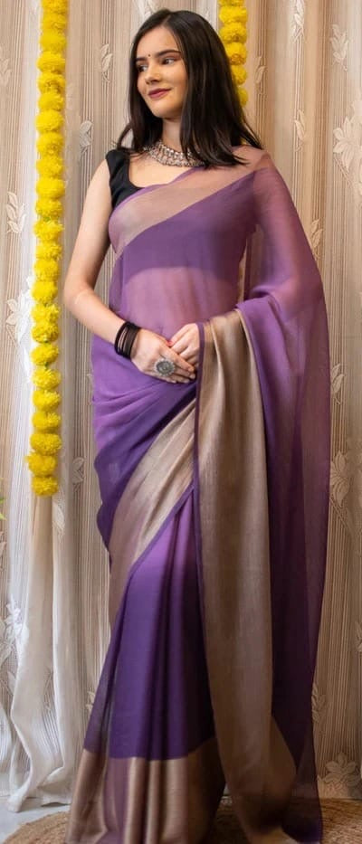 Fuchsia Pink Chiffon Saree with Copper Zari Border |Ready to Wear Saree