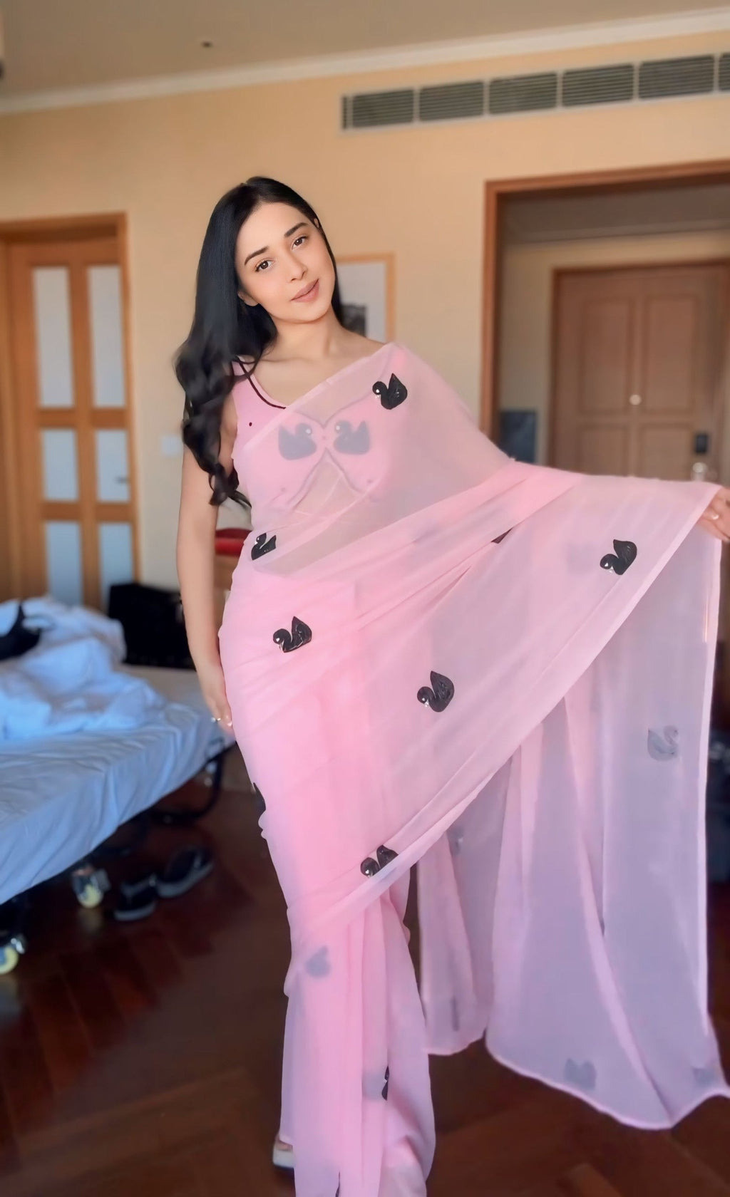Pink Ready-to-Wear Georgette Saree with Black Swan Embroidery | Pre-Pleated Saree