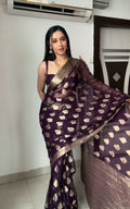 Deep Plum Georgette Banarasi Saree | Pre-Pleated Ready-to-Wear Saree with Zari Motifs