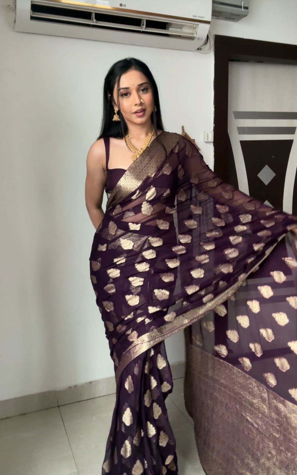 Deep Plum Georgette Banarasi Saree | Pre-Pleated Ready-to-Wear Saree with Zari Motifs