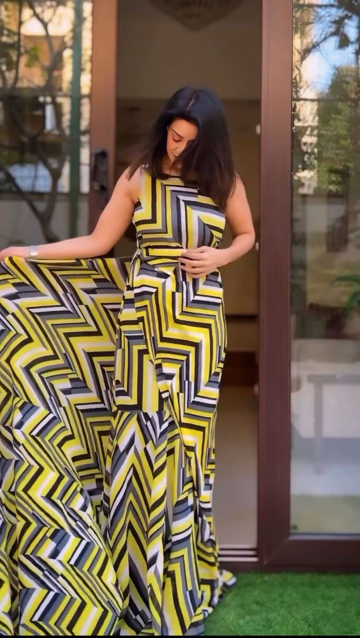 Geometric Chevron Mermaid Gown Saree | Yellow & Grey Pre-Stitched Ready-to-Wear Saree