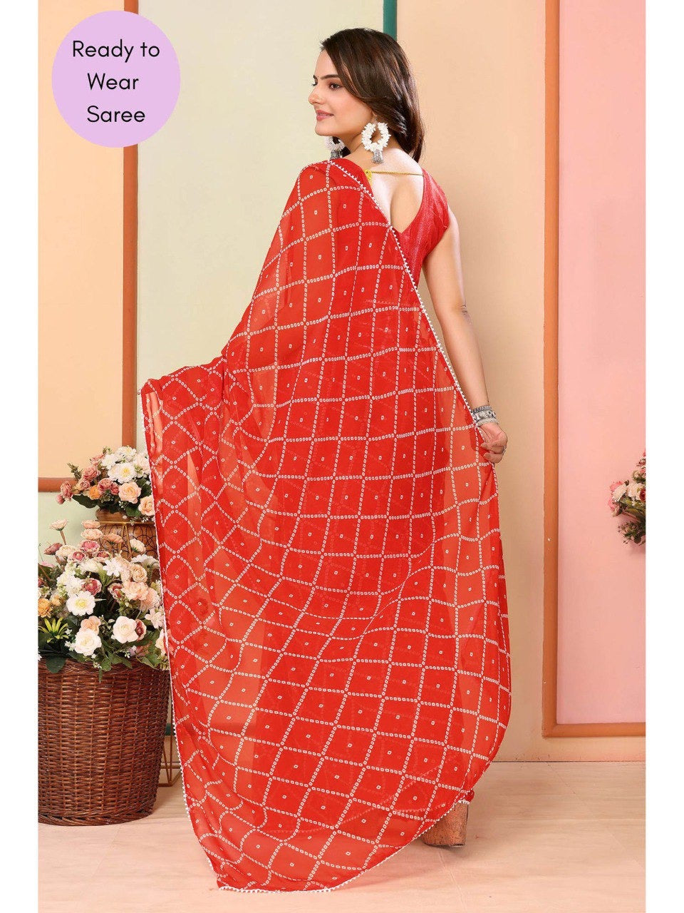 Vibrant Orange Ready-to-Wear Bandhani Saree with Pearl Lace Border