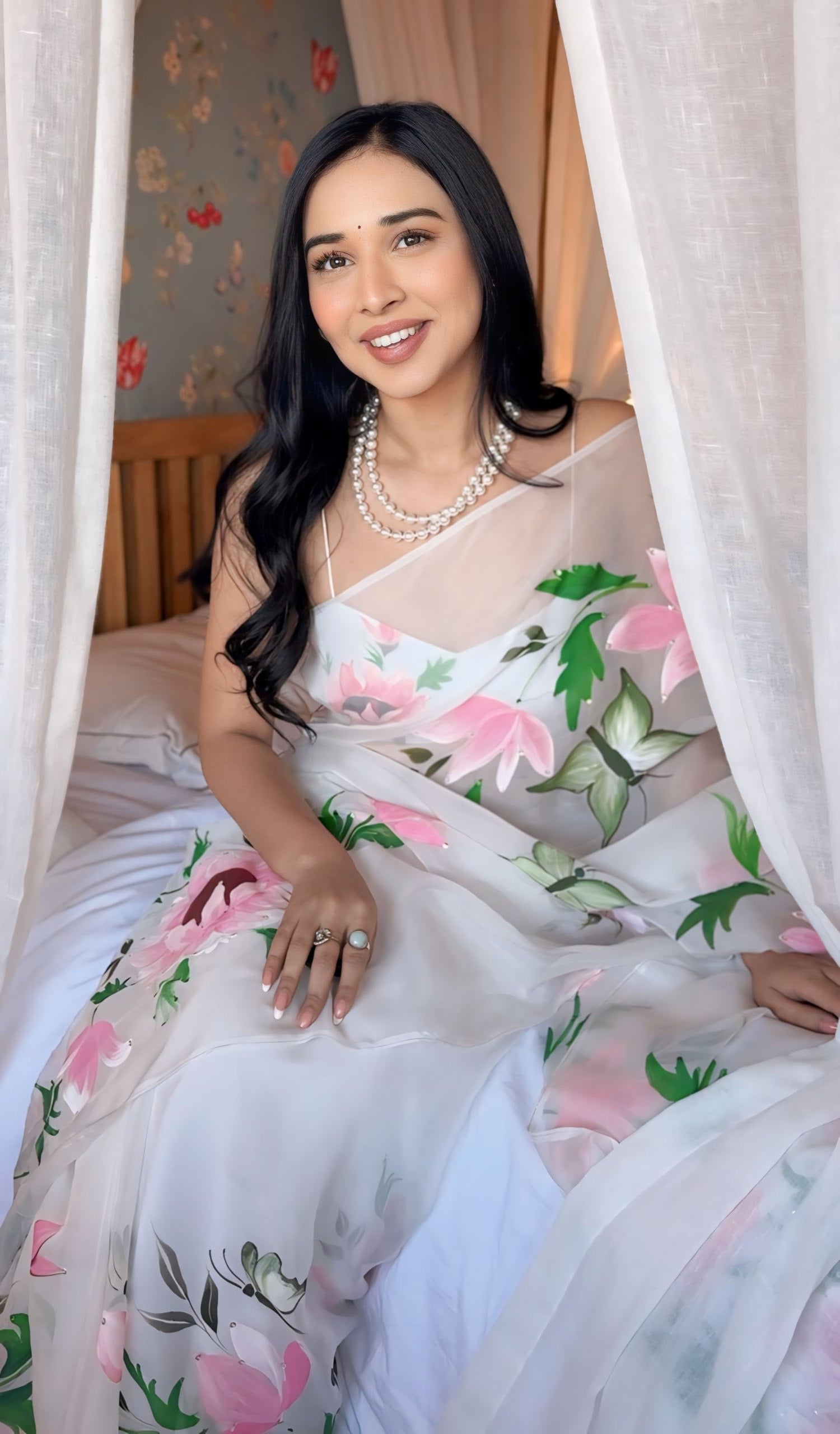 White Organza Saree with Pink Floral Art Tanya Mittal