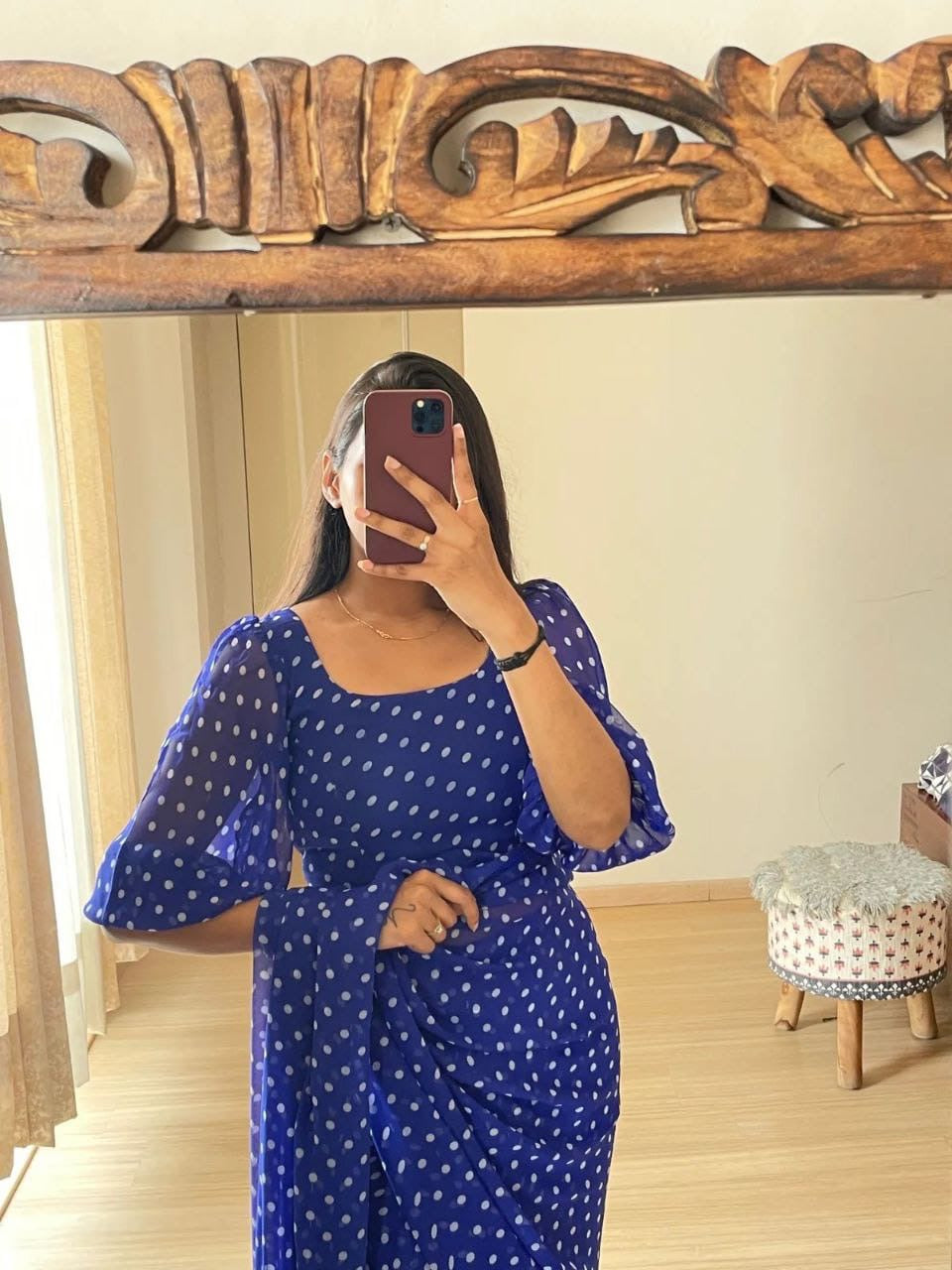 Blue Georgette Ready To Wear Pre Pleated Saree