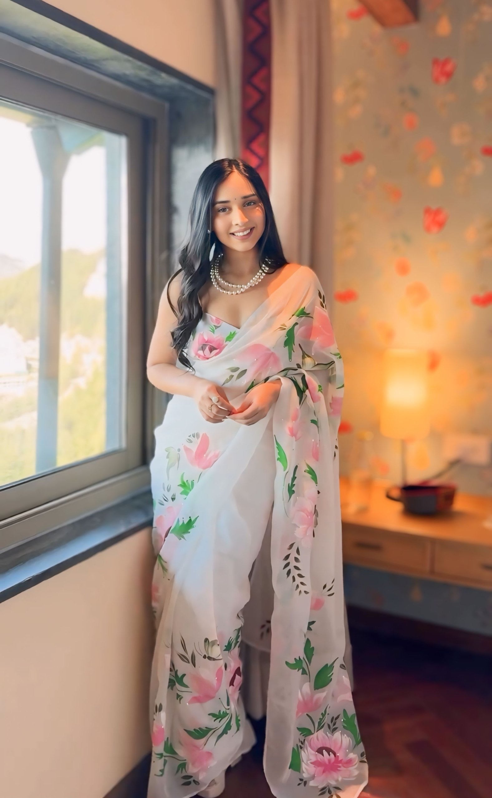 White Organza Saree with Pink Floral Art Tanya Mittal