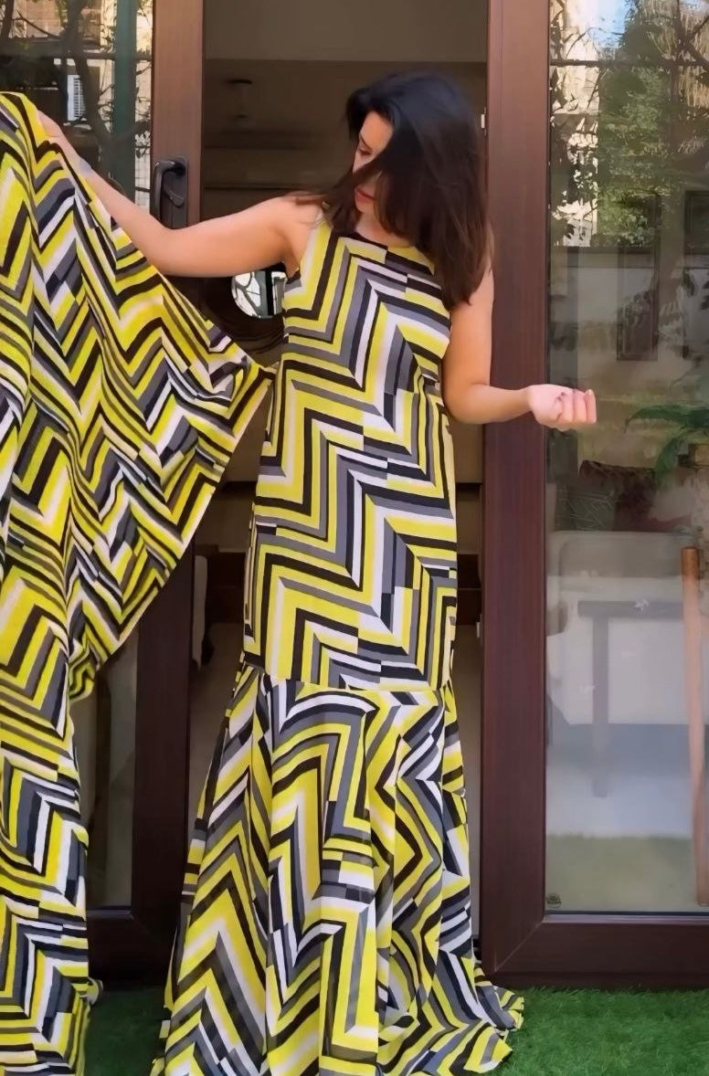 Geometric Chevron Mermaid Gown Saree | Yellow & Grey Pre-Stitched Ready-to-Wear Saree