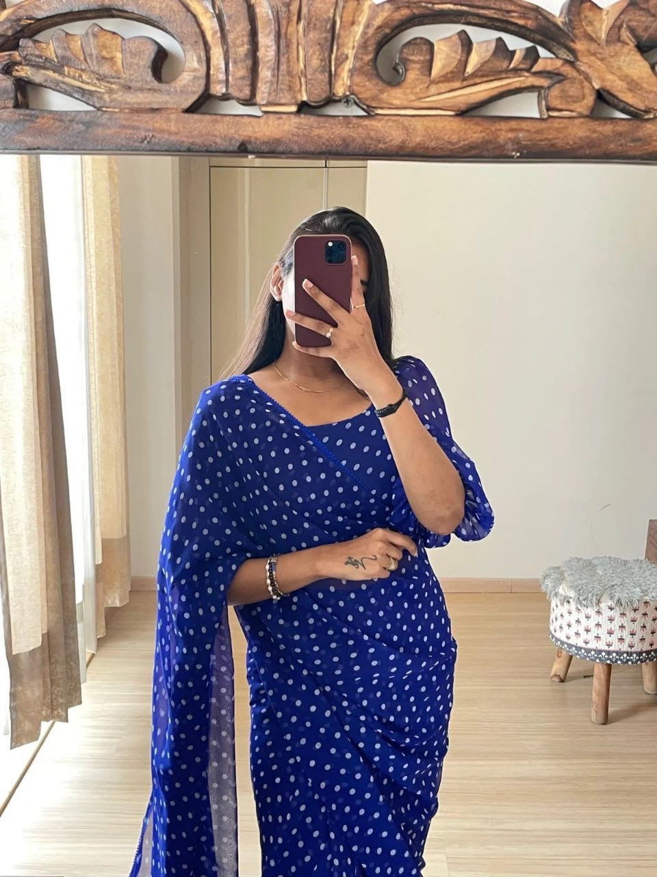 Blue Georgette Ready To Wear Pre Pleated Saree